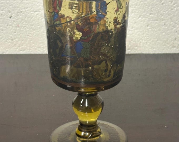 Gorgeous Antique German Bohemian Green Glass Goblet - Cavalry Soldier Design