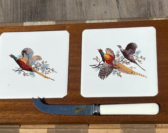Rare Vintage Teak Charcuterie / Cheese Board with Hand Painted Pheasant Tiles
