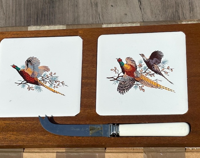 Rare Vintage Teak Charcuterie / Cheese Board with Hand Painted Pheasant Tiles