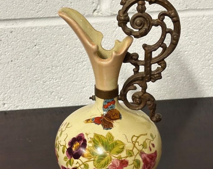 Lovely Antique Ewer / Vase Hand Painted With Butterfly And Flowers with a Decorative Figural Metal Handle