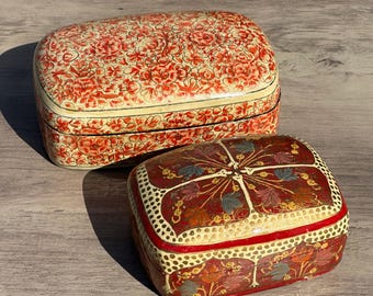 Two Vintage Kashmiri Papier Mâché Trinket Boxes Hand Painted Floral Lacquer