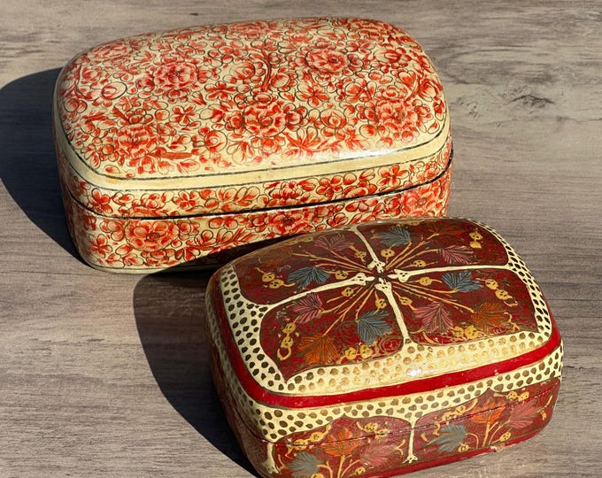 Two Vintage Kashmiri Papier Mâché Trinket Boxes Hand Painted Floral Lacquer