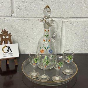 Victorian Hand Painted Gilt & Floral Decorated Glass Decanter with Glasses