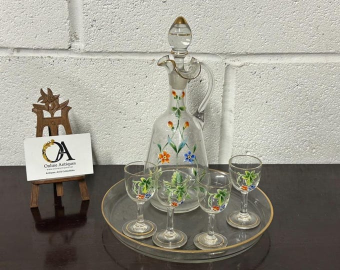 Victorian Hand Painted Gilt & Floral Decorated Glass Decanter with Glasses