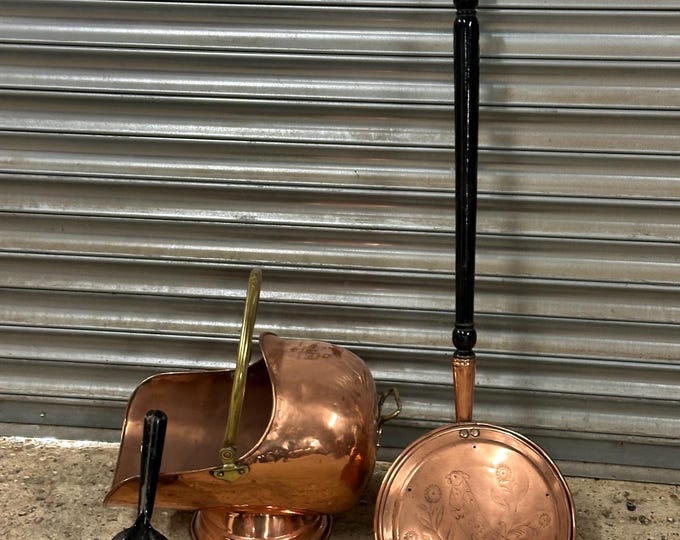 Antique 19thC Copper Coal Scuttle With Pin Hammered Pattern Bed Warmer