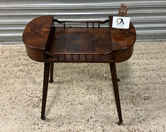 19thC Oyster Veneered Yew Wood Work Table On Castors