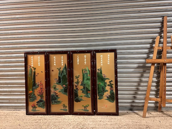 Vintage Chinese Four Seasons Inlaid Stone / Jade Four Panel