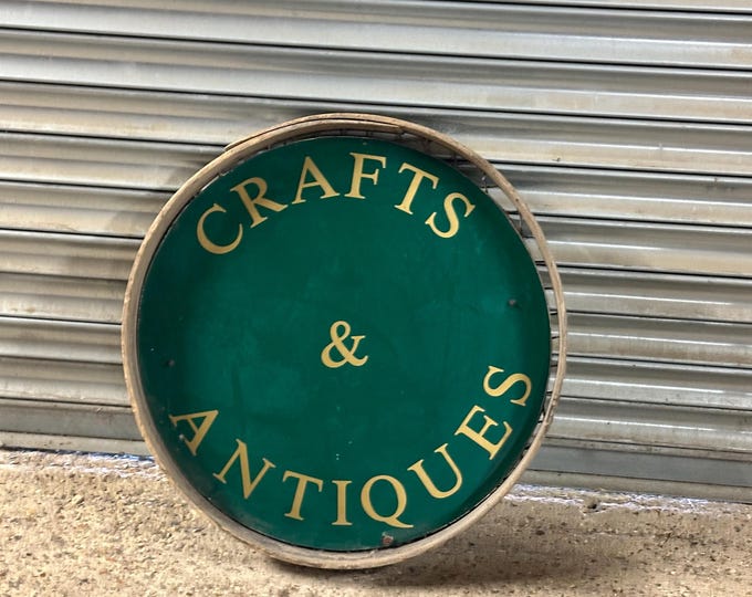 Large Vintage Green Enamel Handmade c1930’s Circular Crafts & Antiques Sign / Tray