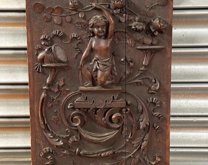 Antique Hand-Carved Wooden Panel – Cherub, Putti. Floral Motif - Decorative Plaque