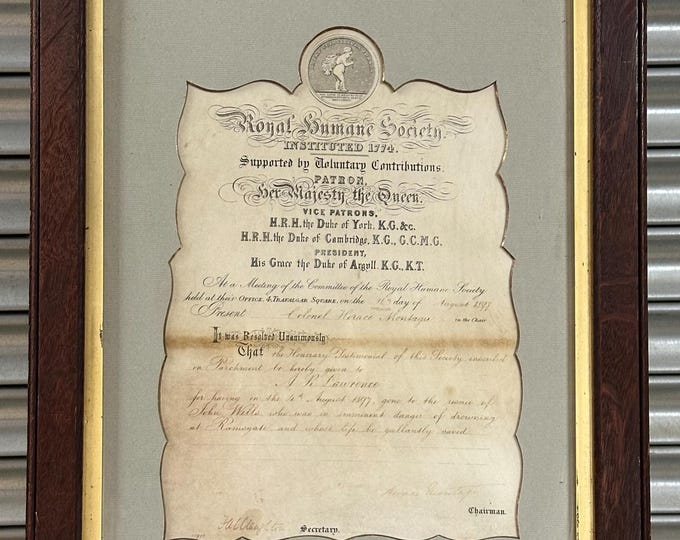 Framed and Glazed Royal Humane Society Vellum Awarded To A R Lawrence in 1897 For Rescuing John Wells who was drowning