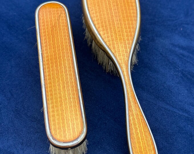 Antique 1920s Art Deco Orange Enamel Vanity Dressing Table Brush and Matching Clothes Brush