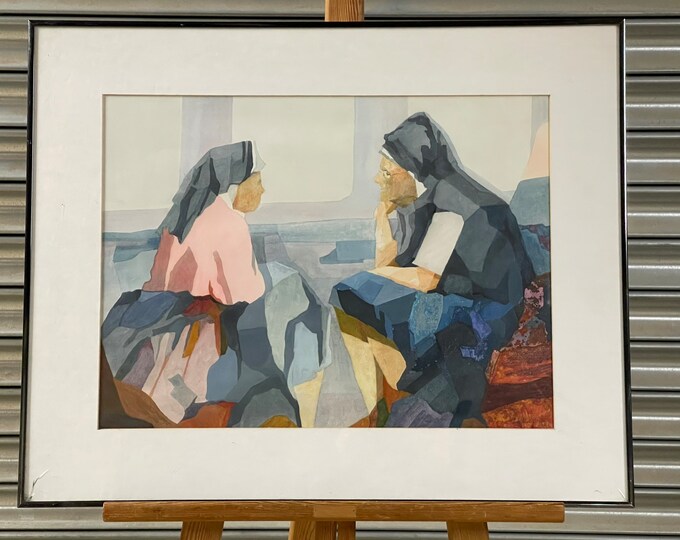 Original Semi Abstract Egg Tempera Painting By Ian Hopton Titled ‘Two Nuns’ Dated 1982