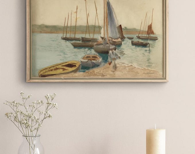 Beautiful Original Watercolour Harbour Scene by E. Herbert