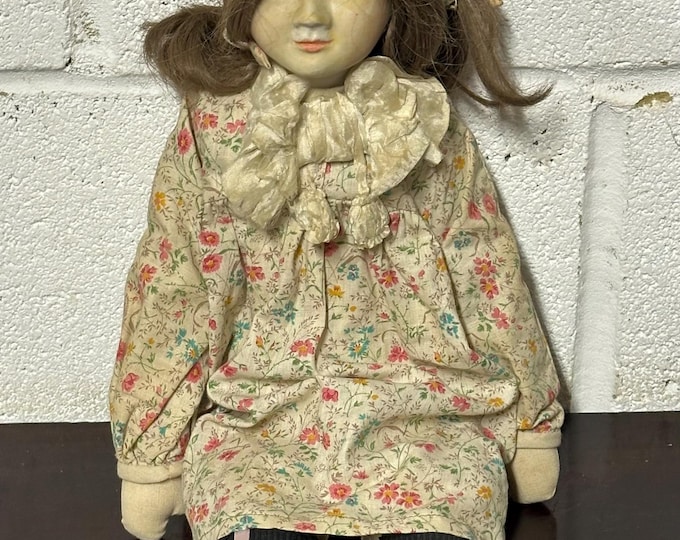 Charming Vintage Porcelain and Fabric Doll with Hand Painted Face and Floral Outfit