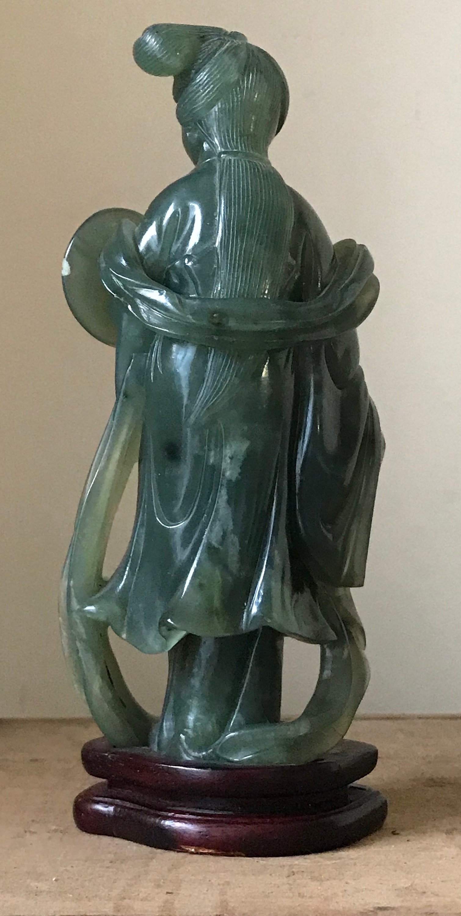 Antique Chinese Carved Green Jade Figurine Of A Tang Lady mounted on a