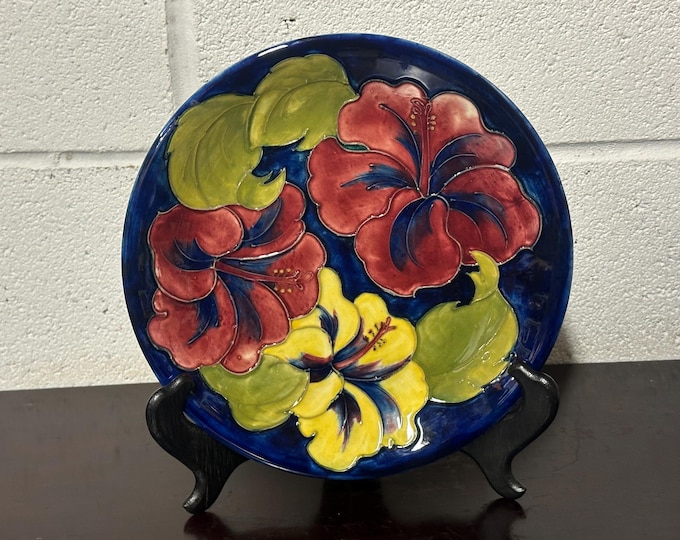 William Moorcroft Floral Plate – Hand-Painted Hibiscus Design – Signed Pottery