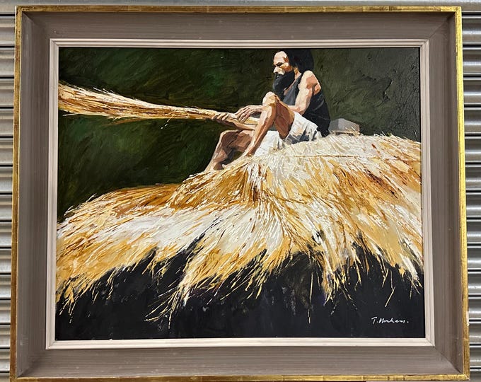 Beautiful Acrylic On Canvas Of A Man Sorting Hay on a Cart By Tony Abraham