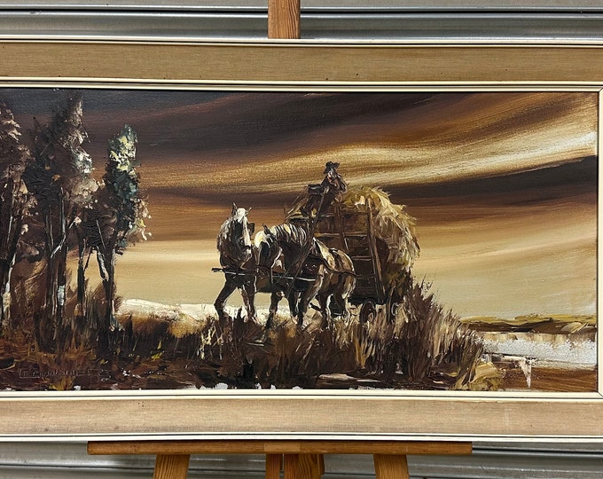 Mid Century Framed Oil Painting Titled Horses & Haywain By Lemonnier