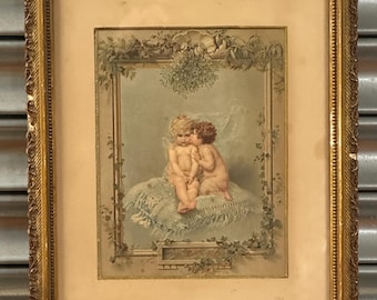 Under the Mistletoe, 19th Antique Victorian Stipple Print, Cherubs, Gilt Frame