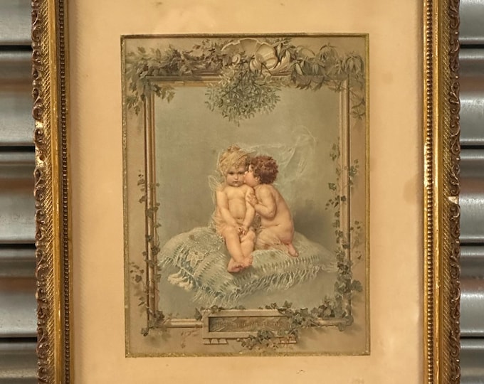 Under the Mistletoe, 19th Antique Victorian Stipple Print, Cherubs, Gilt Frame
