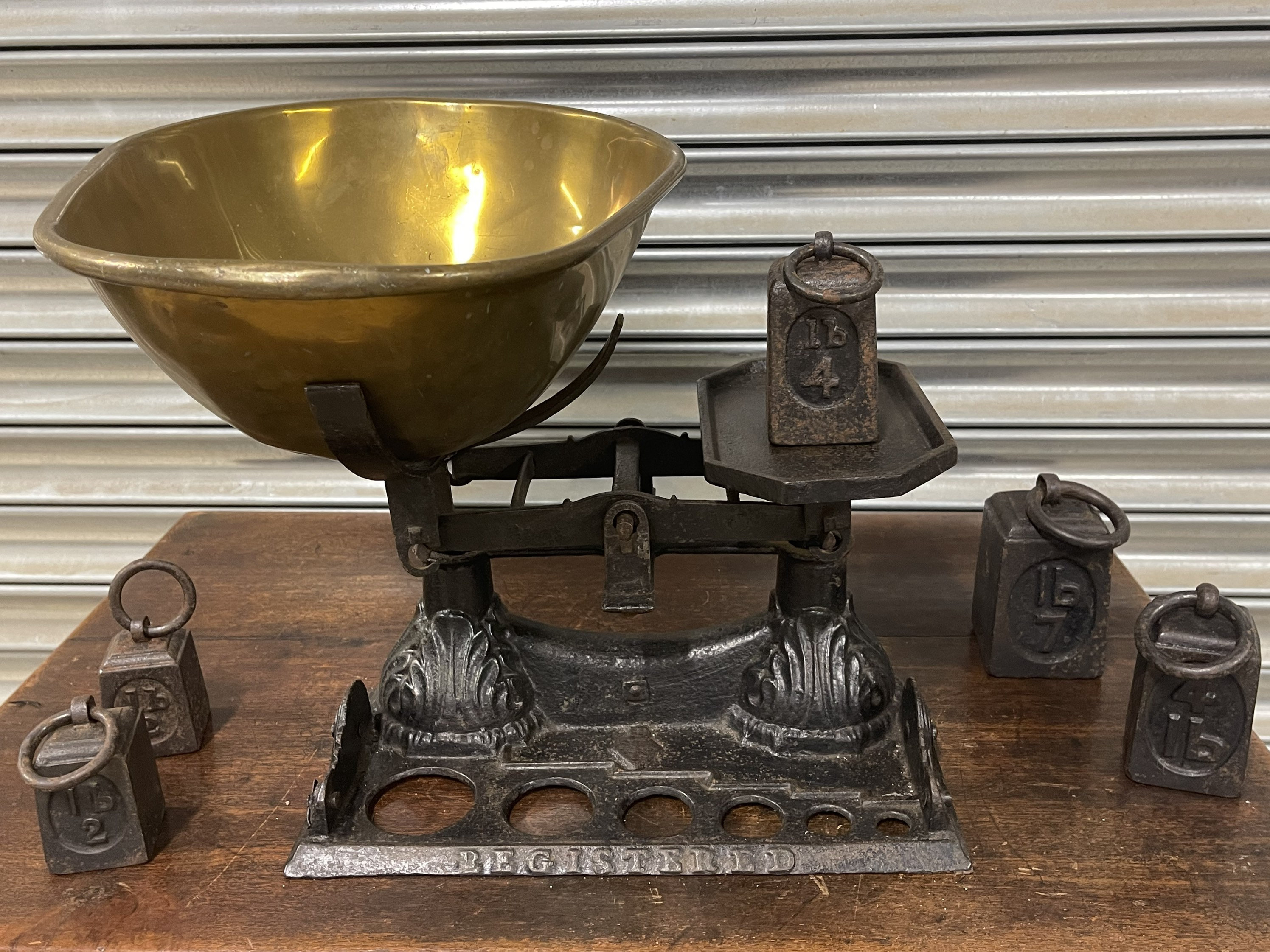 Stunning Set Of Antique Scales With Brass Pan With Cast Iron Weights.