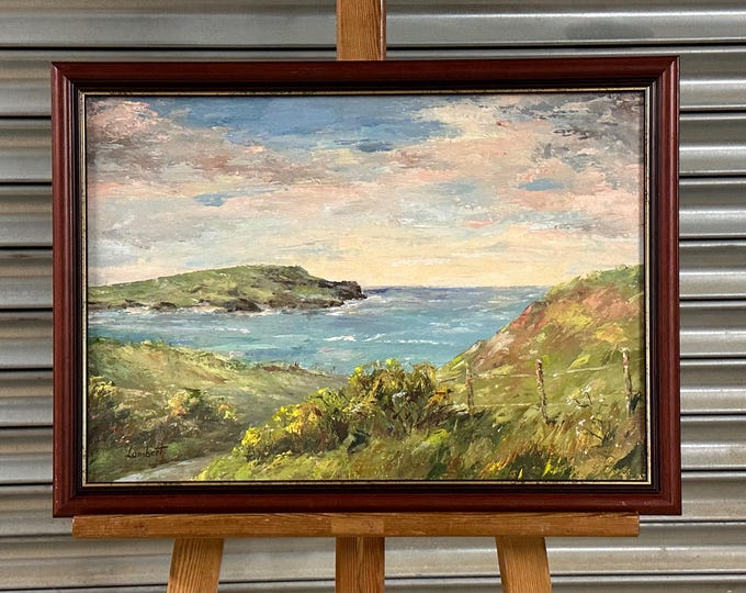 Beautiful Original Vintage Coastal Landscape Oil Painting – Signed “Lambert” – Framed Oil on Board