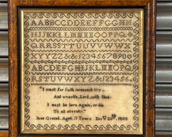 Lovely Early Victorian Schoolgirl Sampler Dated 1844 - Jane Ground