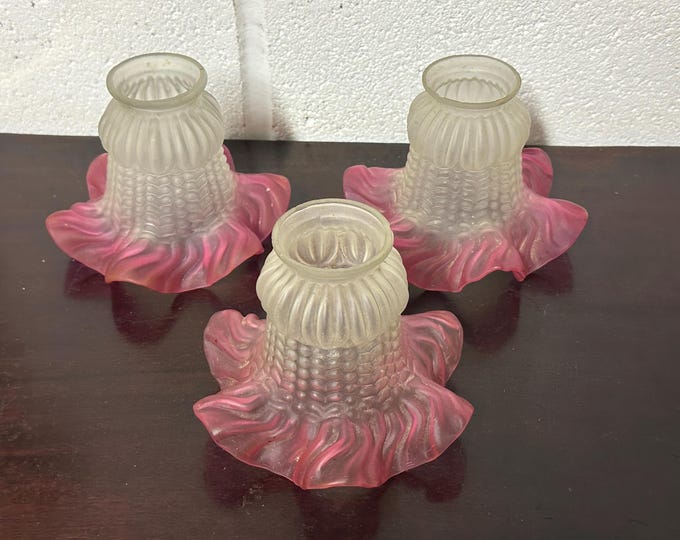 Beautiful Set Of 3 Antique French Frosted Glass Tulip / Frilly Shaped Lampshades