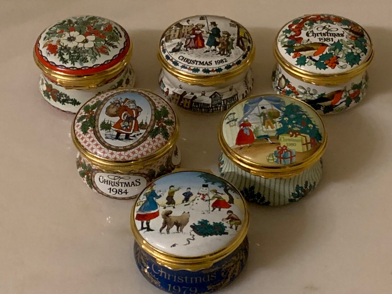 Six Halcyon Days Enamels Christmas Trinket Pill Boxes