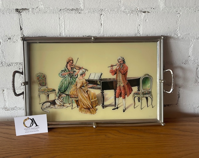 Beautiful Vintage Hand Painted Metal Tray with 19th Century Scene