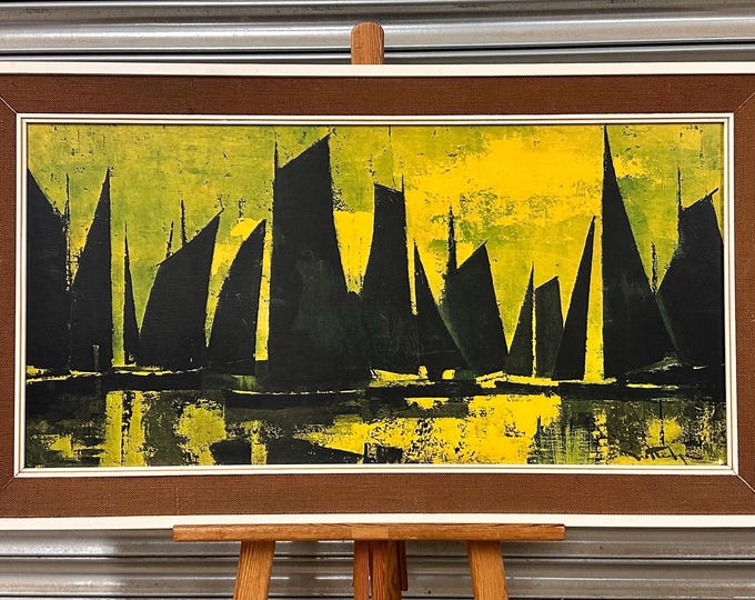 Mid Century William Rutledge (1924 - 1993) Sails At Sunset Teak Framed Lithograph Print, Kitsch Art