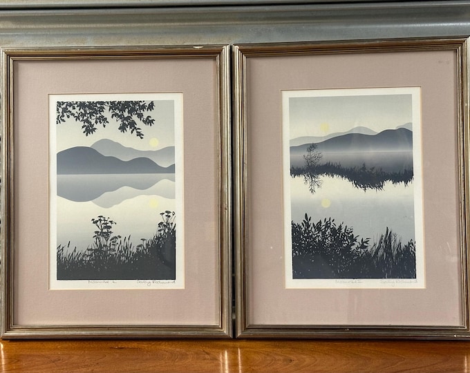 Lovely Pair of Framed Screen Prints, Moonrise I & Moonrise II, by Sally Richmond
