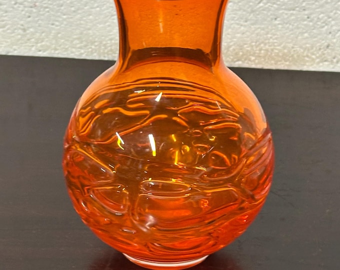 Lovely Retro Whitefriars Strapped Glass Vase in Orange Tango by Geoffrey Baxter