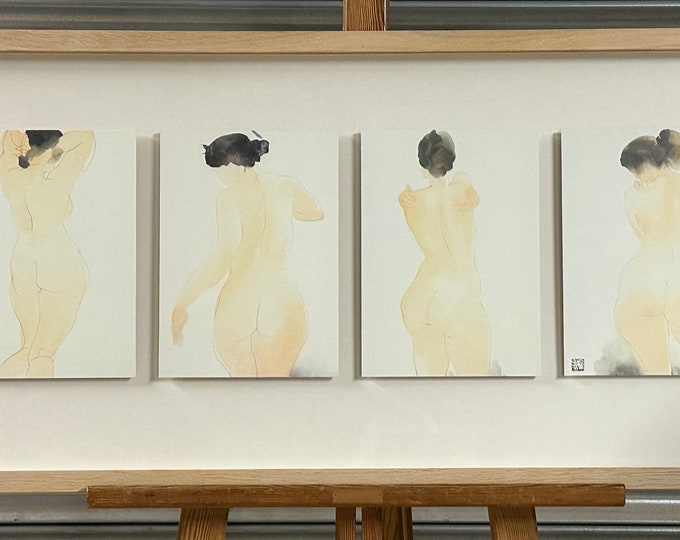 Nude Japanese Watercolor Series Prints Framed in Shadow Box, Linderas