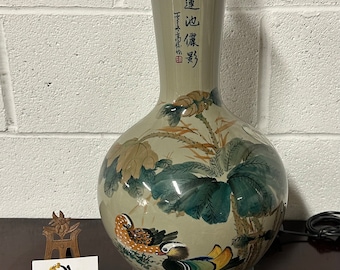 Large Stunning Vintage Chinese Table Lamp with  Lotus Pond/Duck Hand Painted Decoration