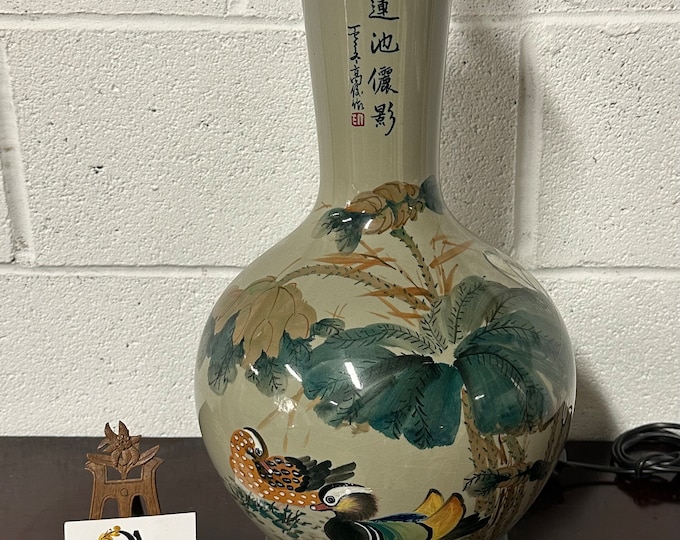 Large Stunning Vintage Chinese Table Lamp with  Lotus Pond/Duck Hand Painted Decoration
