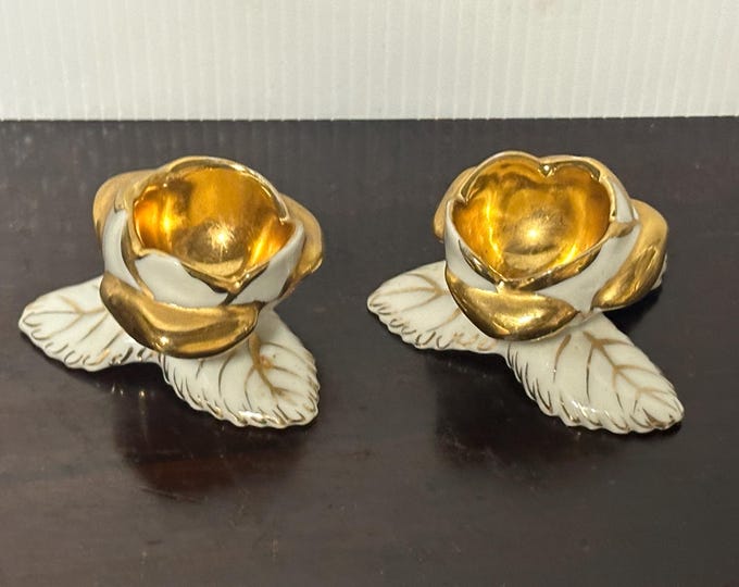 Beautiful Pair Of French Antique Limoges Rose Shaped Salts With Gilt Decoration