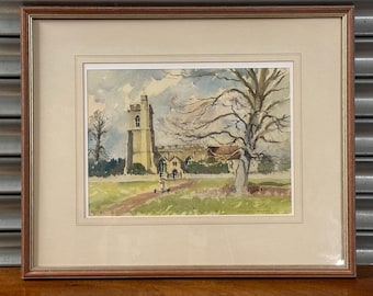 David Green ROI NS Watercolour – Bromham Church Bedfordshire Dated 1996 Framed