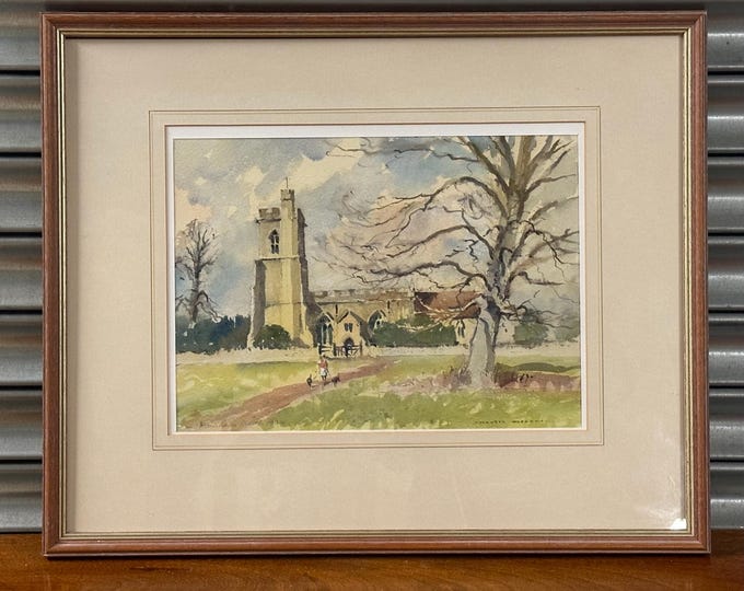 David Green ROI NS Watercolour – Bromham Church Bedfordshire Dated 1996 Framed