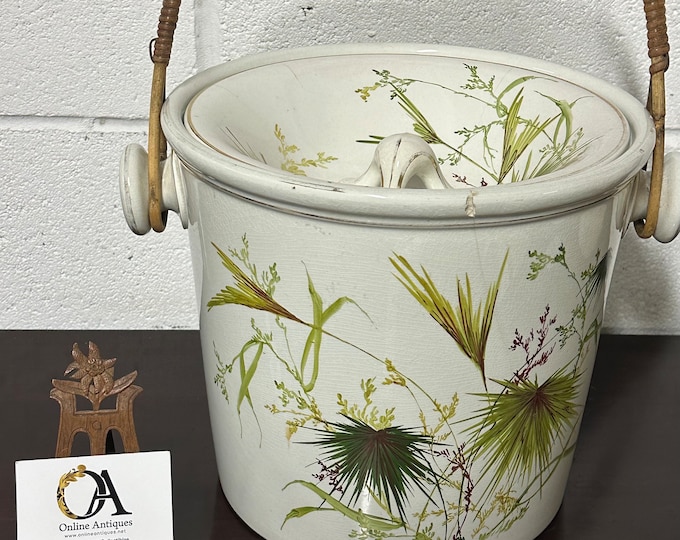 Victorian Ceramic Slop Pail / Bucket Decorated With Flowers & Bamboo Handle (A/F)