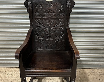 Stunning Rare Welsh Antique ‘Bardic’ Wainscot Oak Armchair