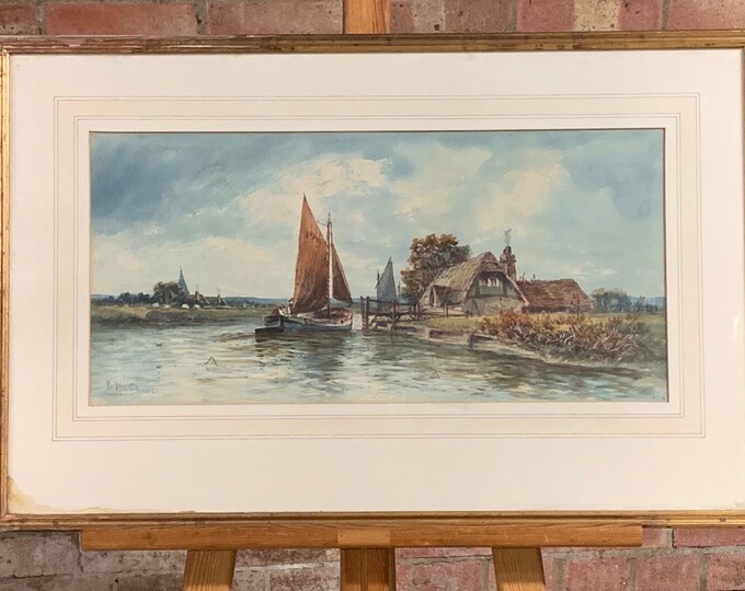 Beautiful Original Watercolour Of A Sailboat On The River Dated 1907 by Arthur George Watts