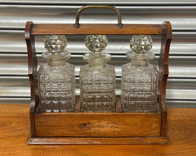 Antique Three Decanter Tantalus, English, Oak, Drinks Caddy, Edwardian, C.1900 - No Key and can’t unlock !
