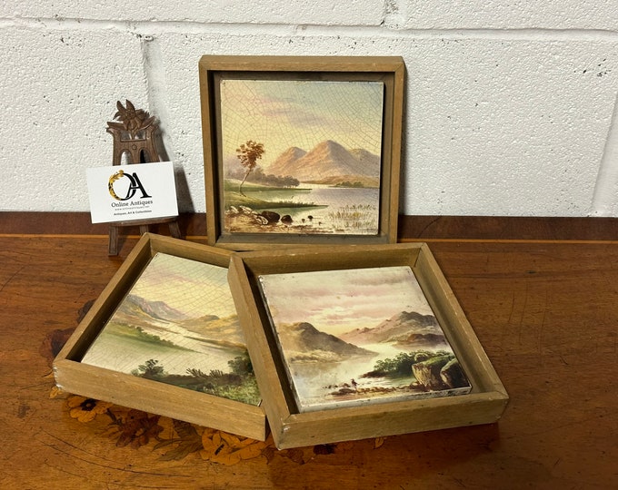 Three Framed 19th Century Hand Painted Lake District Scene Tiles.