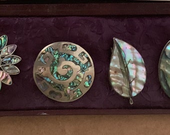 Four Vintage Silver Metal and Mother of Pearl Brooches