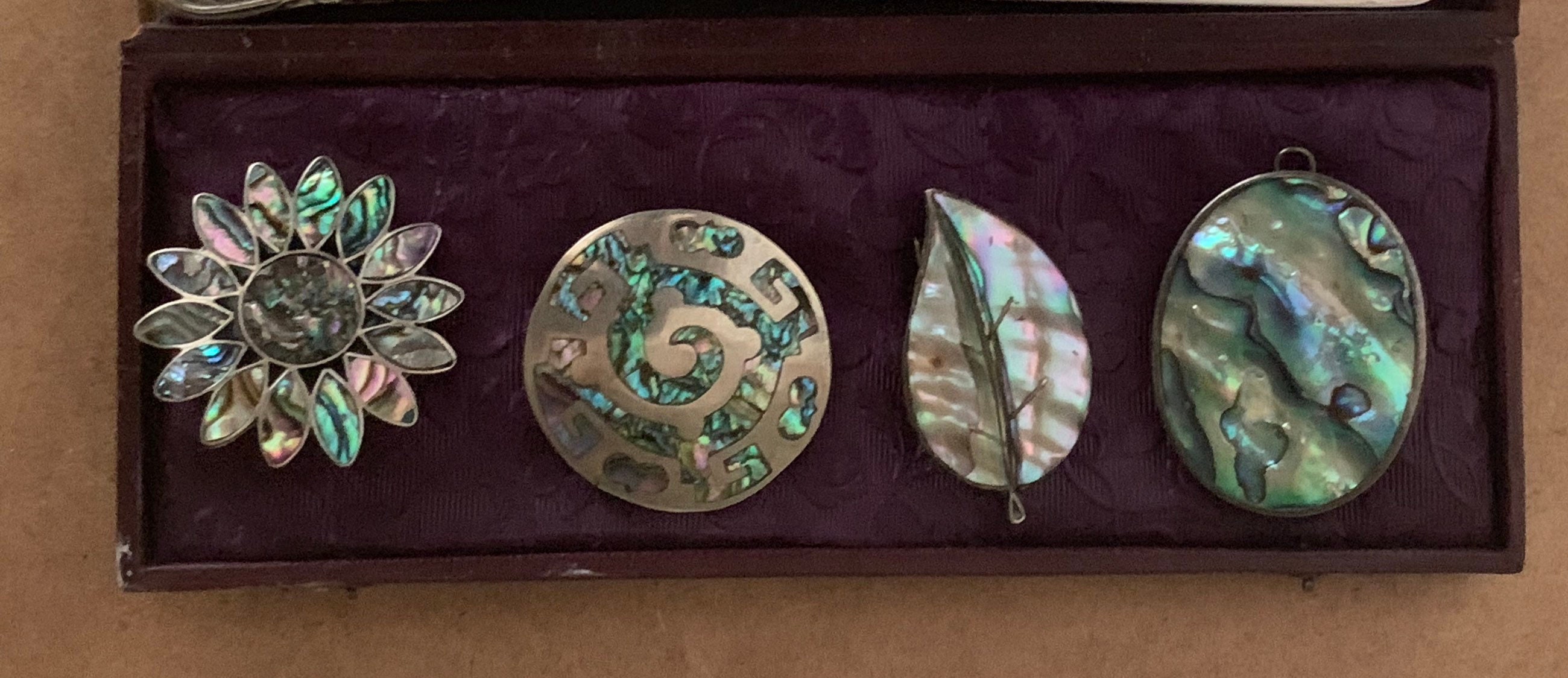 Four Vintage Silver Metal and Mother of Pearl Brooches