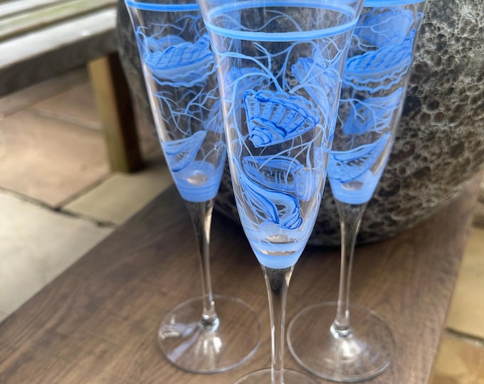 Three Beautiful Hand painted Champagne Flute Glasses - Decorated with hand painted blue shell design