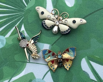Three Vintage Brooches - Butterflies And Hummingbird Enamel Brooches