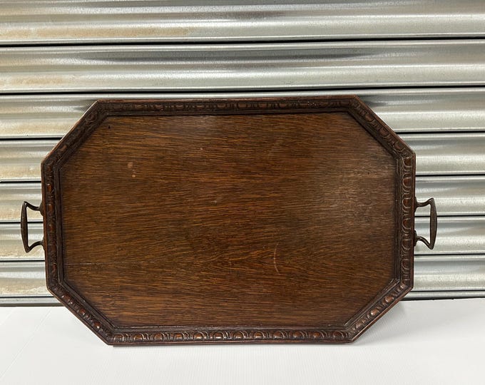 Lovely Antique Early 20thC Hand Carved Oak Serving Tray With Brass Handles