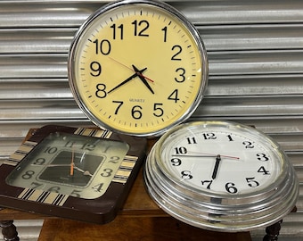 3 Vintage Retro Wall Clocks – Industrial Style Display/Prop